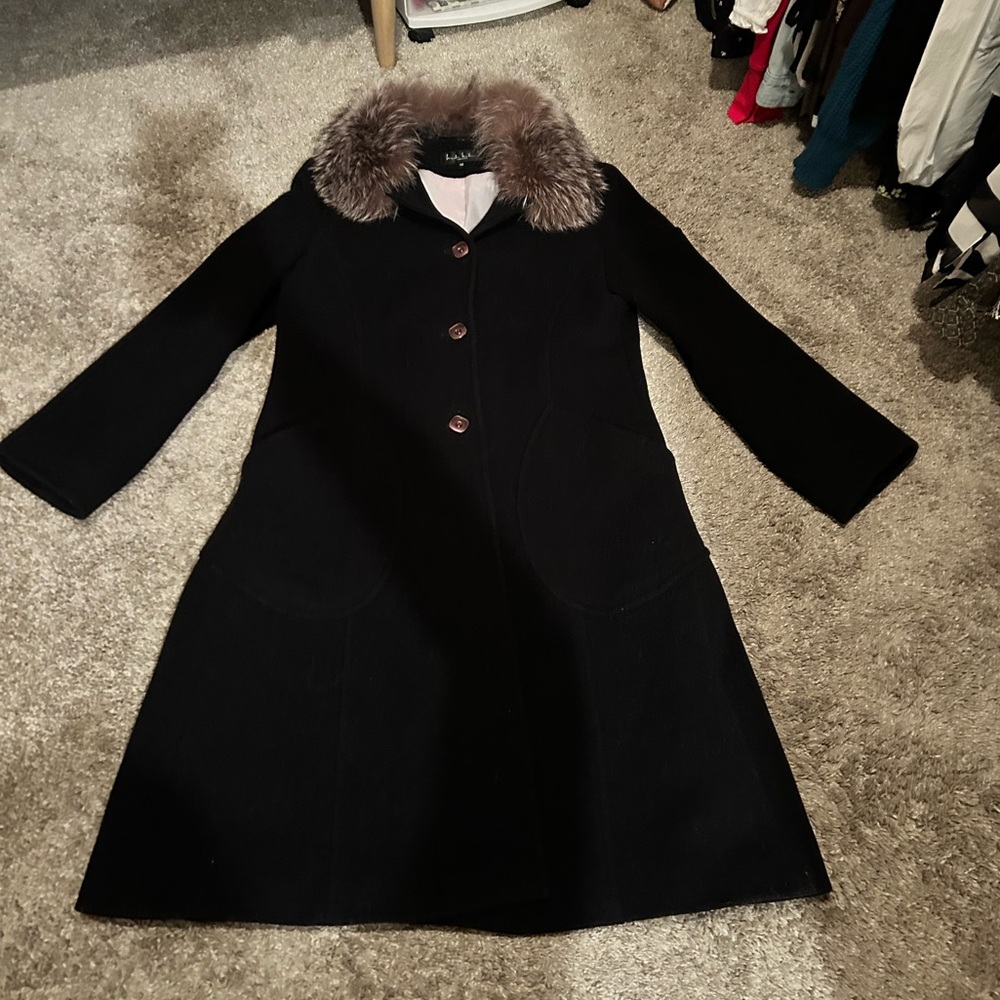 Nicole Miller Black Trench Coat with Faux Fur Collar